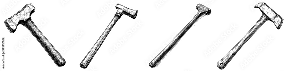Poster various types of hammers displayed on a white background for illustration of tools and their uses in