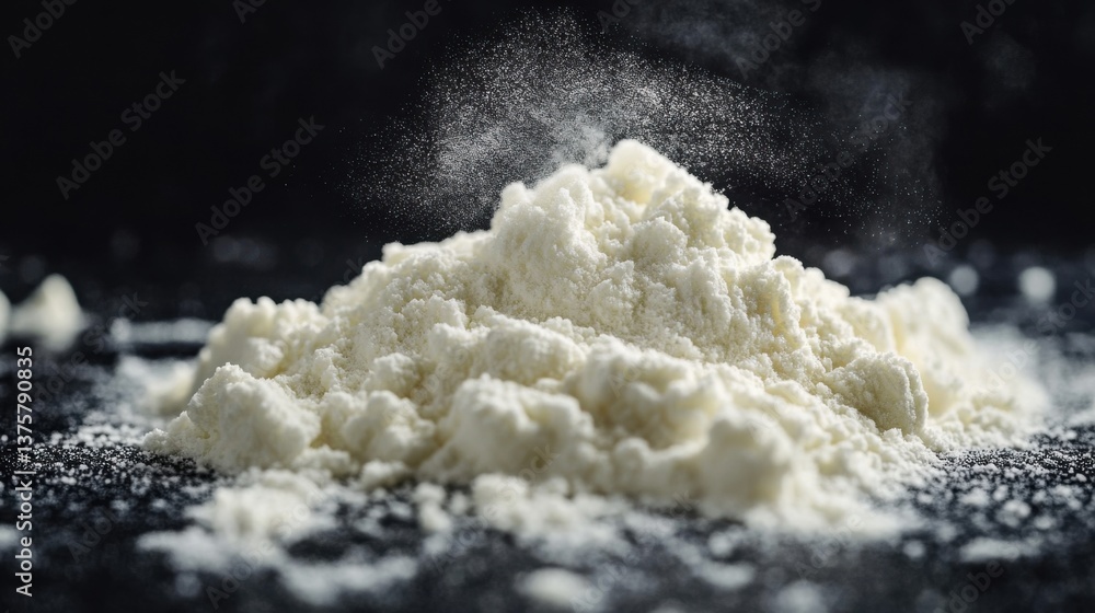 Poster a close-up view of a fine pile of white powder on a dark surface, with a light dusting appearing to 