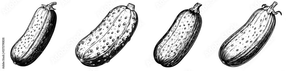 Aufkleber various illustrations of cucumbers showcasing different shapes and textures on a white background