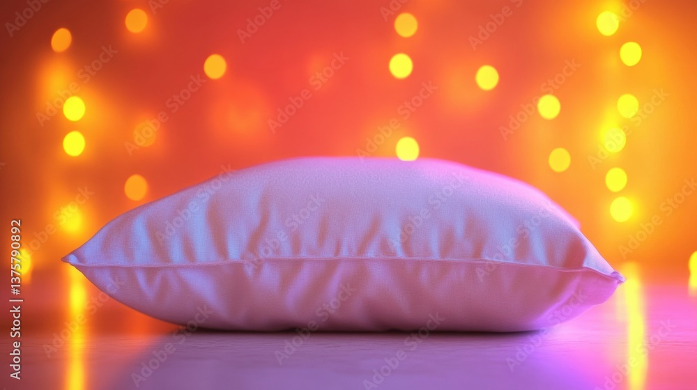 Poster a simple pillow is positioned on a flat surface illuminated by soft, warm lights that create a cozy 