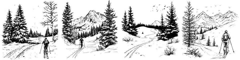 Winter landscape with skiers navigating snow-covered trails and majestic mountains at dawn in a tranquil forest setting