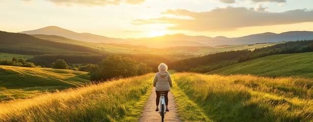 A senior person rides a bicycle along a scenic path, surrounded by lush fields and mountains at sunset. Perfect for promoting outdoor activities.