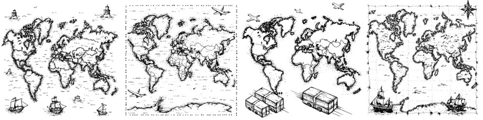 Maps illustrating different views of the world with nautical themes and transportation elements during a historical exploration period
