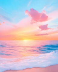 Fototapeta premium A serene view of the ocean at sunset, with pastel colors blending in the sky and gentle waves lapping on the shore, creating a tranquil atmosphere.