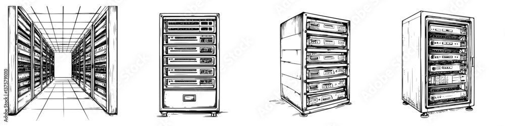 Poster illustration of computer server racks arranged in a data center environment showcasing different des