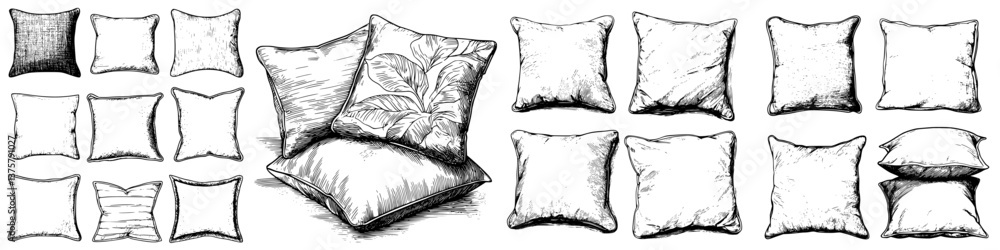 Aufkleber decorative pillows in various styles and designs arranged on a white background showcasing textures 