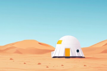 Fototapeta premium Futuristic habitat designed for Mars exploration set against a barren landscape with orange dunes under a clear blue sky