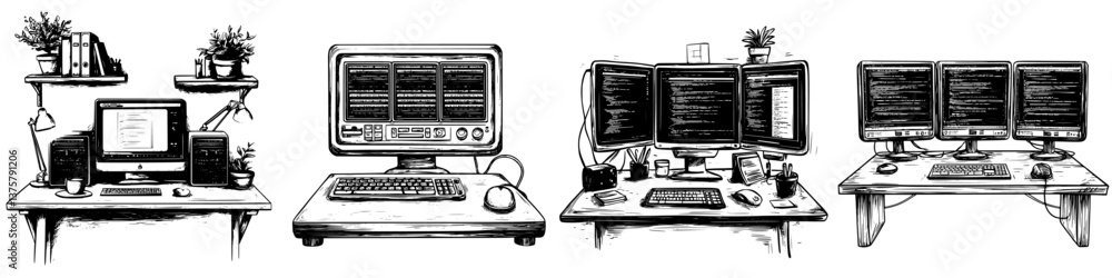 Poster computer workstations arranged with multiple monitors and decorations for an inspiring office enviro