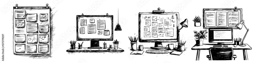 Poster creative workspace setup featuring various organized elements and digital displays on multiple desks
