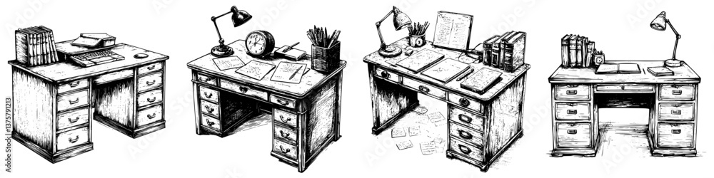 Poster various traditional desks depicting functionality and design in a workspace environment
