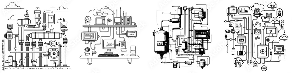 Poster intricate network of pipes and systems designed for smart technology integration in a modern workspa