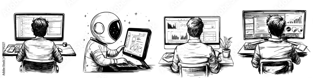 Poster in a modern workspace, a person sits at a desk engaging with multiple screens displaying data and an