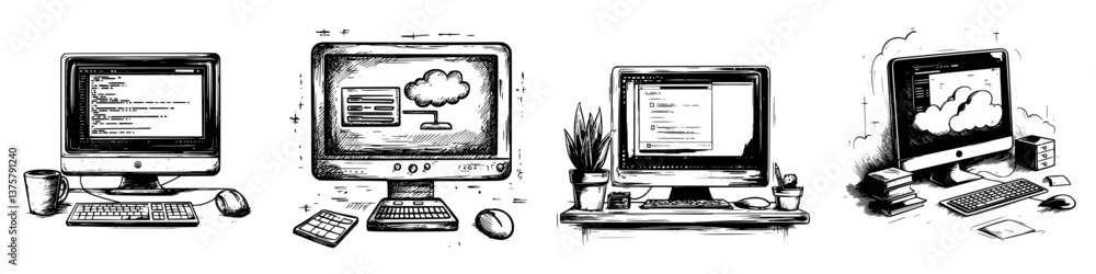Poster digital workspace illustrations depicting coding, cloud computing, and productivity tools