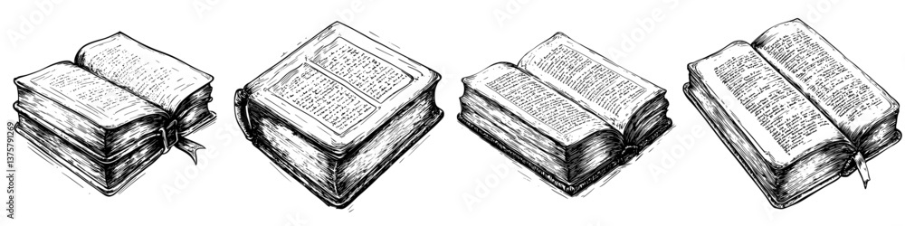 Poster illustrations of various book styles showcasing open and closed forms with detailed pages and covers