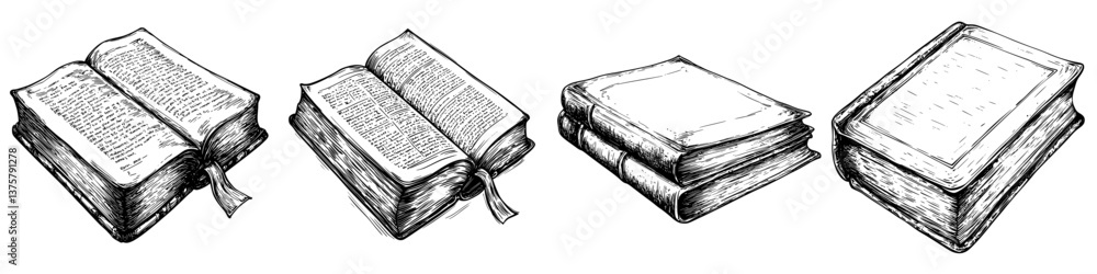 Poster various open and closed books arranged in a row with detailed illustrations showcasing text and text