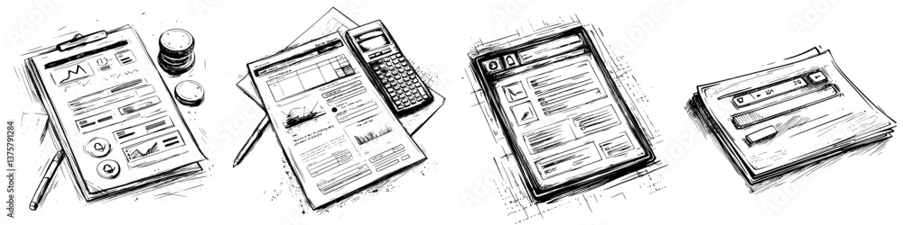 Poster various financial documents and tools displayed on a desk during a work session in a modern office e