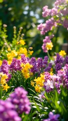 Fototapeta premium Vibrant Spring Garden with Flowers and Bee