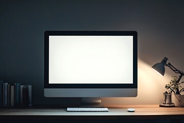 Computer on Desk with White Screen, Keyboard, Lamp, Books, and Potted Plant