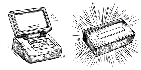 Creative sketch of a cash register and a stylish cash box showing the essence of retail transactions and savings