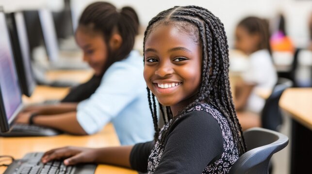 Smiling Girl Using Computer in Classroom