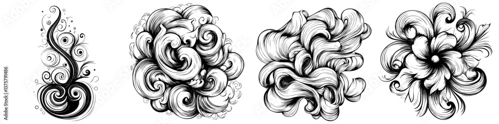 Poster swirling black and white designs featuring intricate patterns with graceful curves and curls ideal f
