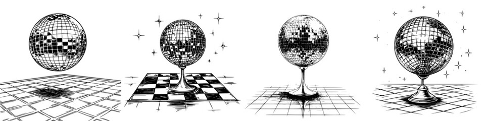 Various artistic depictions of disco balls on checkerboard patterns illustrating vibrant dance floor vibes