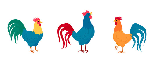 Vector colorful hand drawn illustration. Set of cute bright roosters with textures. Farm birds isolated on white background.