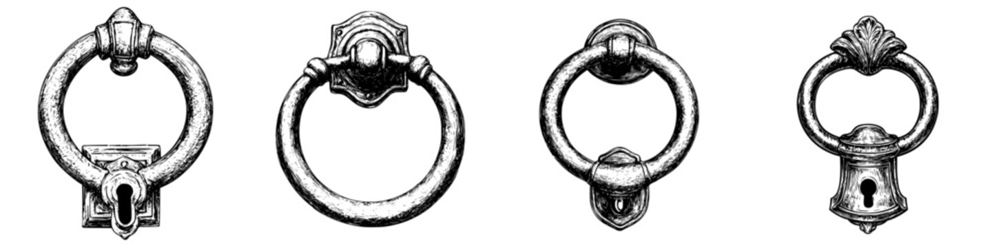 Various antique door knockers displayed in a vintage style showcasing unique designs and craftsmanship in a rustic setting