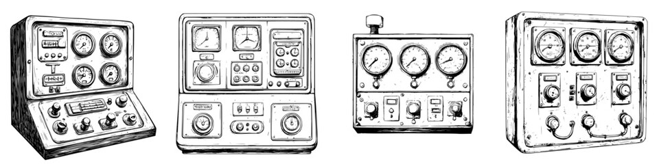 Fototapeta premium Collection of vintage control panels showcasing gauges, knobs, and switches from different machinery types