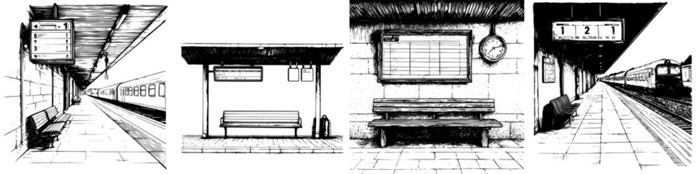 Artistic depiction of a quiet train station with various waiting areas and a locomotive at sunset