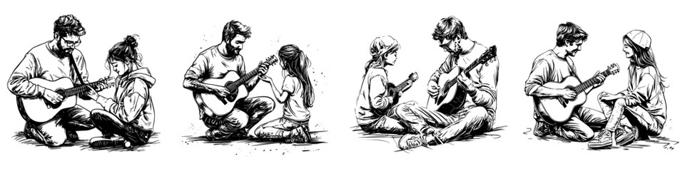 Fototapeta premium Parent and child enjoying a guitar lesson in a sunny park during the afternoon