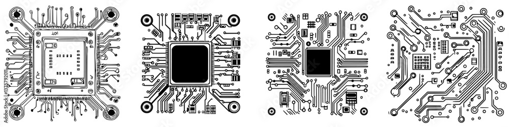 Poster design and structure of electronic circuit boards showcasing various microchips and circuit patterns