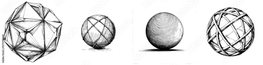 Poster geometric shapes featuring various types of spheres and polyhedrons created using detailed line art