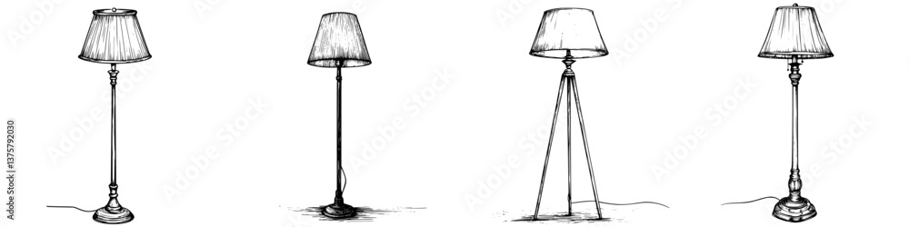 Poster various styles of floor lamps showcasing unique designs and structures in a minimalistic setting