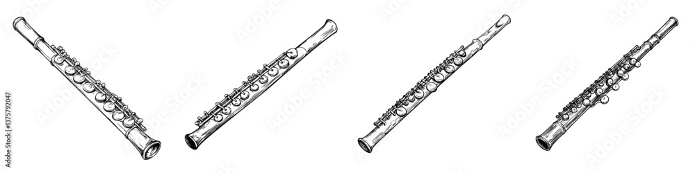 Poster multiple flute instruments displayed in various positions and angles on a white background