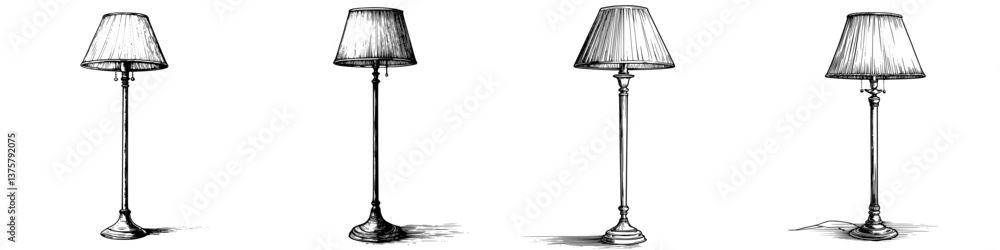 Poster different styles of floor lamps on a white background highlighting unique designs and features withi