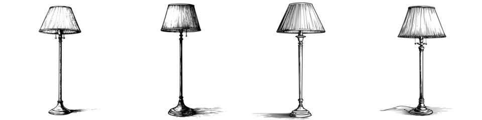 Obraz premium Different styles of floor lamps on a white background highlighting unique designs and features within interior decor