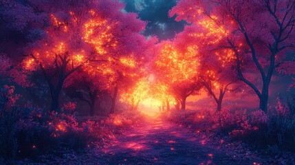 Magical glowing path through enchanted forest at twilight
