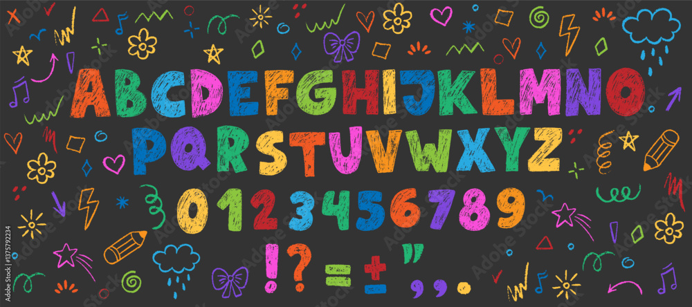 Fototapete crayon kids font, doodle funny playful alphabet. hand drawn scribble kid typescript numbers, blobs. 