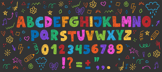 Crayon kids font, doodle funny playful alphabet. Hand drawn scribble kid typescript numbers, blobs.  School wax abc, cute kindergarten handwriting playful letters. Color pencil children font
