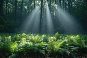 Fototapeta premium Sunlight beams through forest ferns