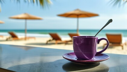 Violet ceramic coffee cup on tropical beach with palm trees and sun loungers