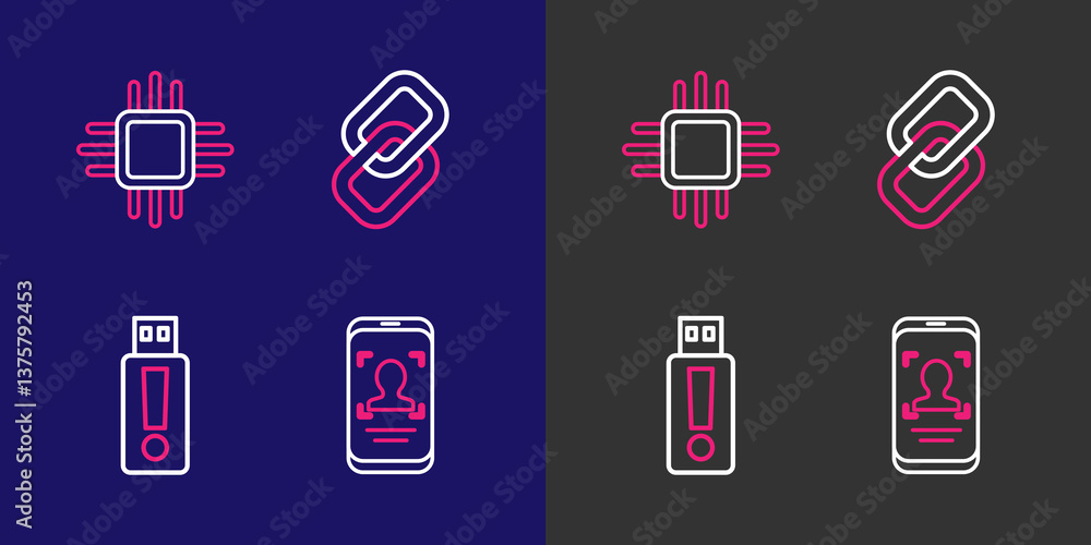  set line mobile and face recognition, usb flash drive, chain link and processor with microcircuits c