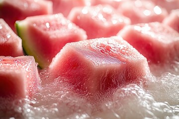 Fototapeta premium Pieces of chilled juicy watermelon against a background of ice