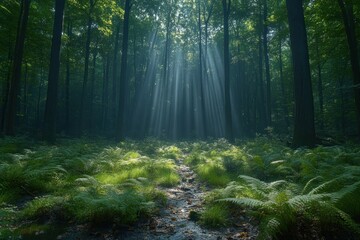 Obraz premium Sunbeams piercing misty forest path, ferns