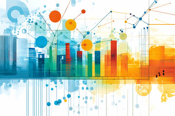 A dynamic, colorful data visualization with bar charts, graphs, and cityscape elements, representing analytics, growth, and innovation.