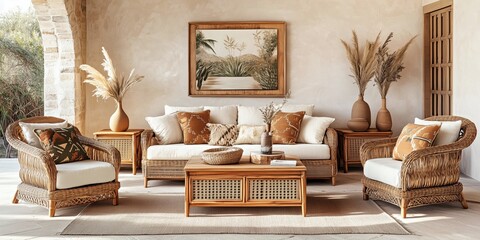 Cozy bohemian sitting area featuring a white sofa with terracotta pillows