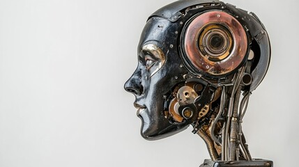 Fototapeta premium Profile of a Dark Grey Metallic Robot Head with Visible Gears and Mechanisms