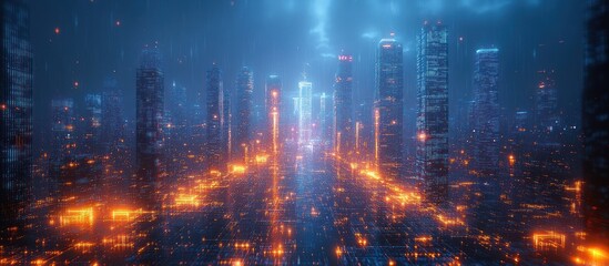 Fototapeta premium Futuristic city skyline at night, glowing lights, stormy sky
