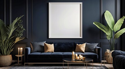 Dark panel walls with tropical plants, gold candles, and a blank vertical canvas above a plush navy couch styled for high-end home decor or product mockups